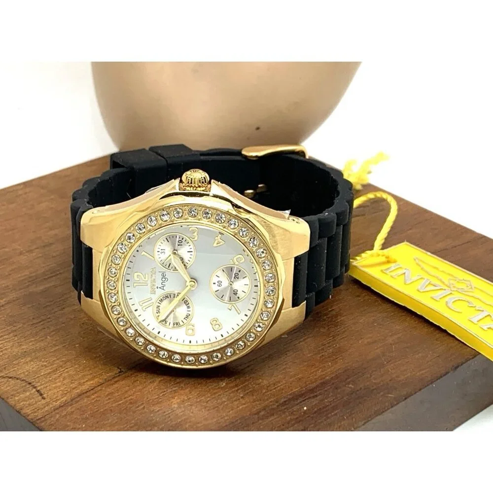 Invicta Women's Watch 1643 Angel Quartz White Dial Gold Black Rubber Strap 38mm